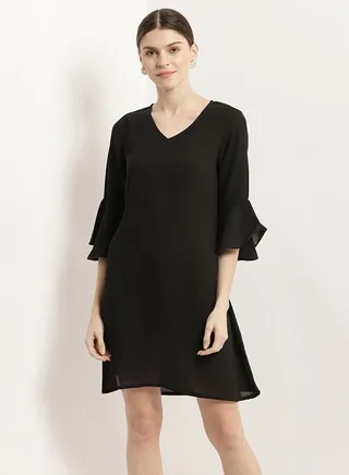 Three Quarter Sleeves Solid Shift Dress Black 