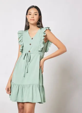 Casual V-Neck Sleeveless With Ruffle Mini A-Line Tie Up Dress Green 