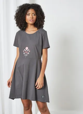 Round Neck Shift Mini Dress Grey 