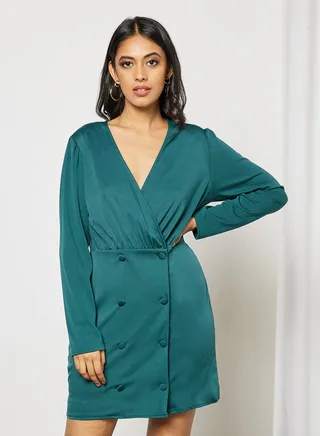 Ruched Waist Button Side Bodycon Dress Pink Dark Green 