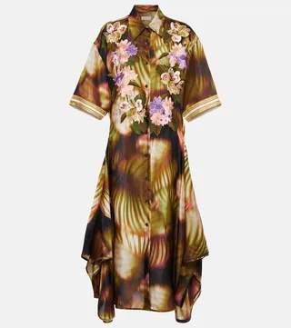 Embroidered printed silk shirt dress