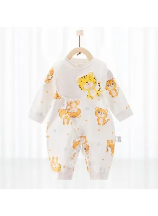 Baby's Cute Long-sleeved Cotton Cartoon One-piece With Bib 