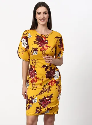 Floral Printed Regular Fit Mini Dress Yellow 