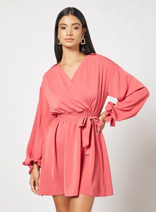 Casual Polyester Long Sleeve Wrap Mini Dress With V-Neck With Belt Brick Red 