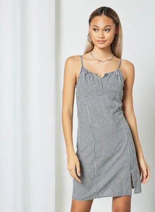 Gingham Print Strappy Dress Black 