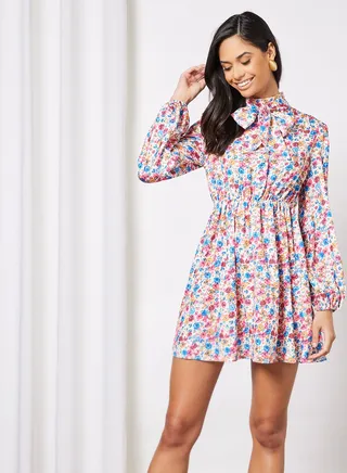 Casual Bow Tie High Neck Long Sleeve Printed Mini Dress Blue/White 