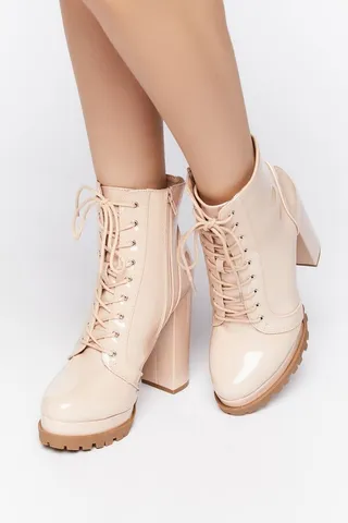 Faux Patent Leather Lace-Up Booties