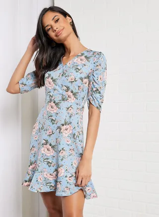 Casual V-Neck Shirring Short Sleeve A- line Mini Dress Printed Pattern Blue 
