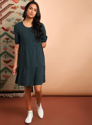 Casual Solid Pattern Mini Dress Teal Green 