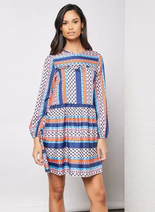 Casual Key Hole Round Neck Long Sleeve Mini Dress Printed Pattern Orange/Blue/White 