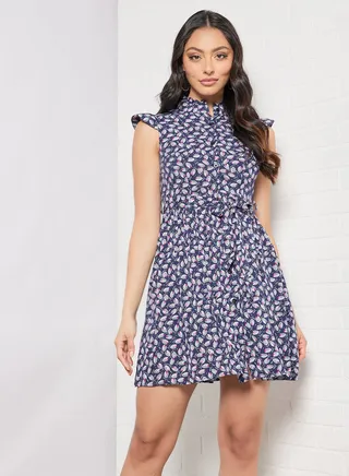 Casual Mandarin Collar Cap Sleeve Belted Printed Mini Dress Blue 