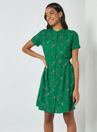Giraffe Print Shirt Dress Green 