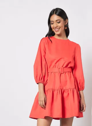 Puff Sleeve Self Tie Midi Dress Red 