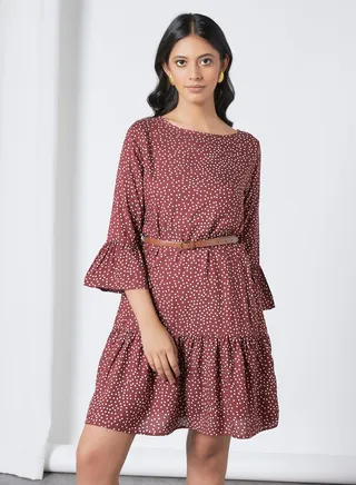 Casual Scoop Neck Printed Dress Aop Red 