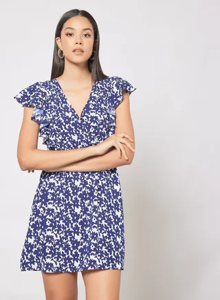 Casual Cross V-Neck Ruffle Sleeve Waist Pleated Printed Mini Dress Blue Print 