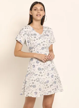 Printed V-Neck Skater Dress White/Blue 
