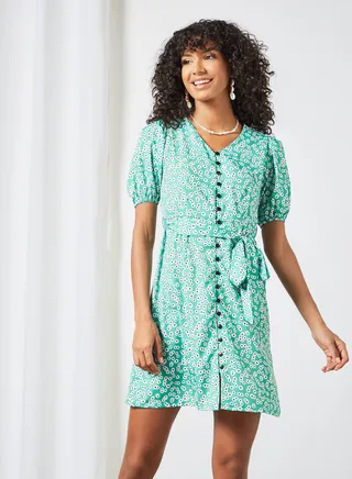 Floral Print Mini Dress Green 