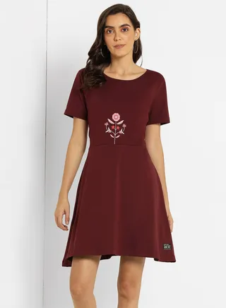Floral Round Neck Shift Mini Dress Red 