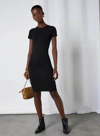 Basic Plain Crew Neck Midi Dress Black 