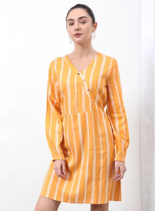 Casual V-Neck Striped Midi Dress Yellow 