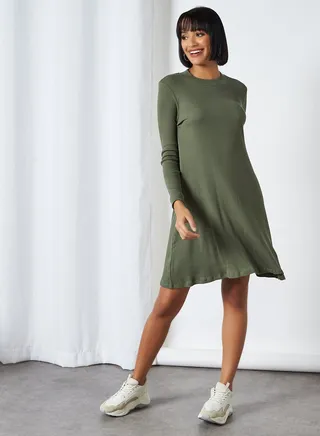 Solid Swing Crew Neck Dresses Green 