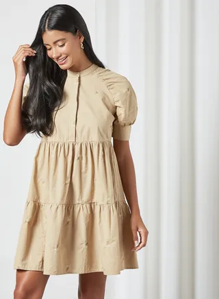 Embroidered Mini Dress Brown 