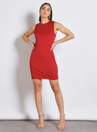 Women's Polyester Blend Sleeveless Body-con Mini Dress With Round Neck Maroon 