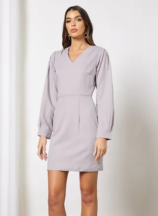 V-Neck Puff Sleeve One Piece Dress Grey 