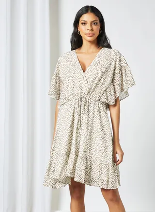 All-Over Print Dress Beige 