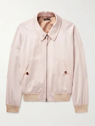 Leather-Trimmed Satin-Twill Bomber Jacket