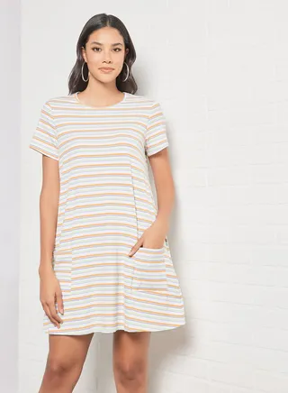 Casual Short Sleeve Mini Dress With Round Neck Horizontal Striped Pattern Orange/White 