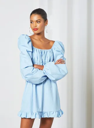 Puff Sleeve Mini Dress Blue 