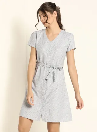 Printed V-Neck Shirt Mini Dress Grey 
