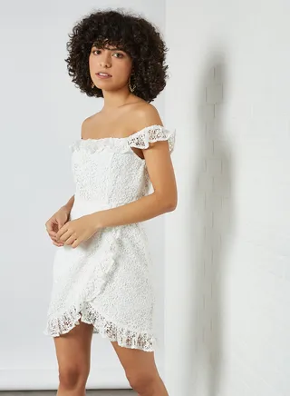 Off Shoulder Overlap Lace Dress White 