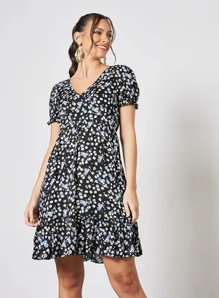 Ruffle Hem Floral Print Dress Black 