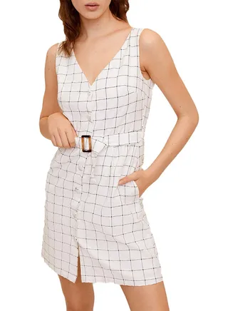Checked Belted Sleeveless Dress White 
