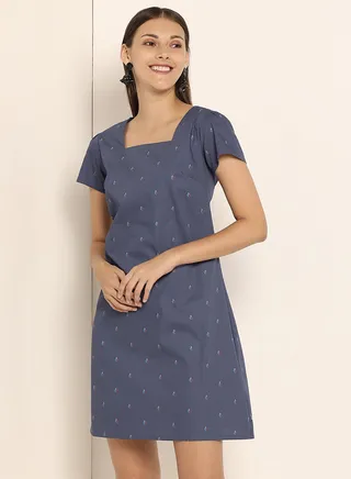 Printed Square Neck Dress Navy Blue 
