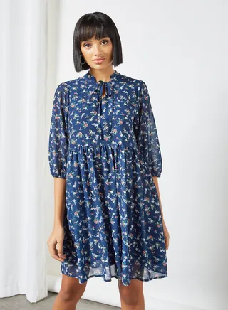 Floral Print Mini Dress Blue 