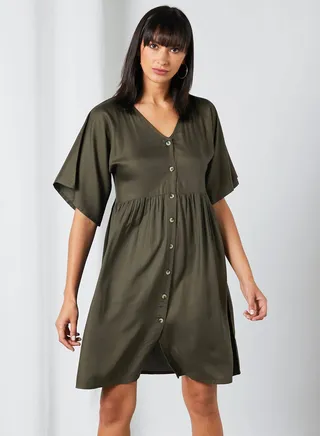 Buttoned V-Neck Dress Brown 