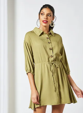 Collared Mini Shirt Dress Green 
