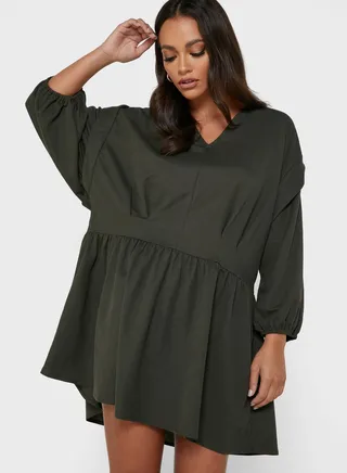 Drop Shoulder Dress With Tucks 