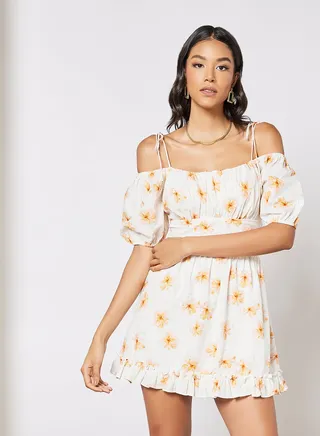 Floral Print Mini Dress White/Yellow 