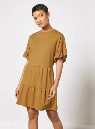 Ruffled Sleeve Tiered Dress Brown 