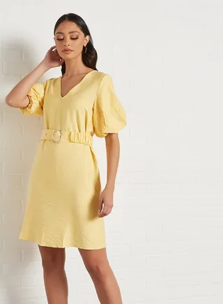 V-Neck Puff Sleeve Dress Cornsilk 