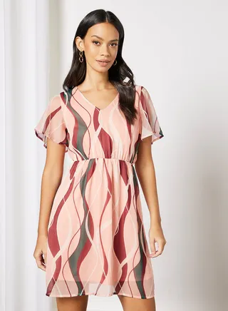 Wave Print V-Neck Dress Pink 