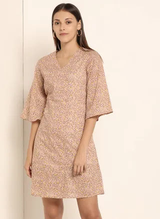 Flare Sleeve Printed Dress Brown/Yellow 