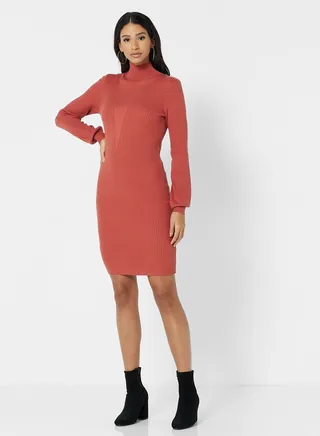 High Neck Bodycon Dress Orange 