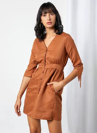 Tie Sleeve Button Dress brown 