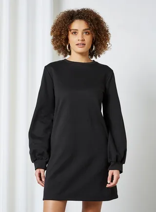 Solid Balloon Sleeve Sweat Dress Black 