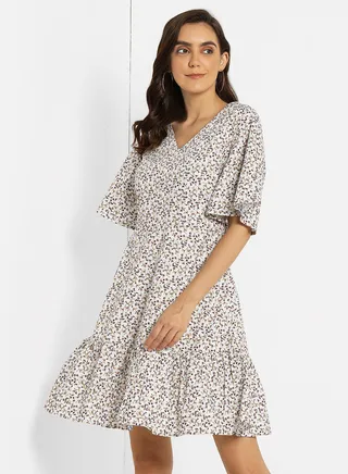 Flared Sleeve Printed Dress Multicolour 